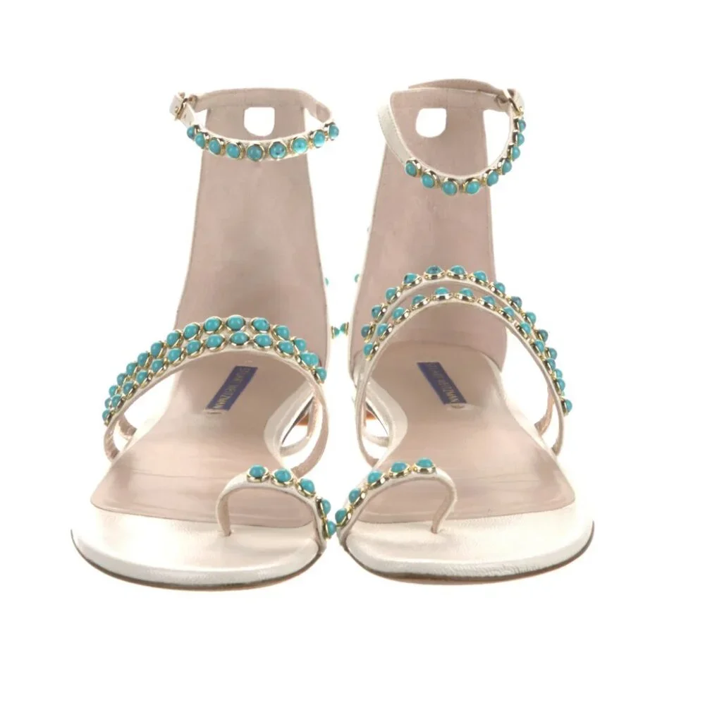 Stuart Weitzman White and Gold Sandals with Ankle Straps - Picture 3 of 5